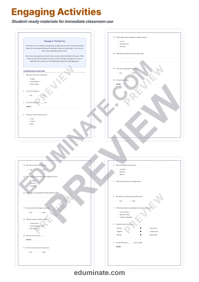 Nocturnal Animals Reading Comprehension Passages and Questions Grades 2-6 sample page 4