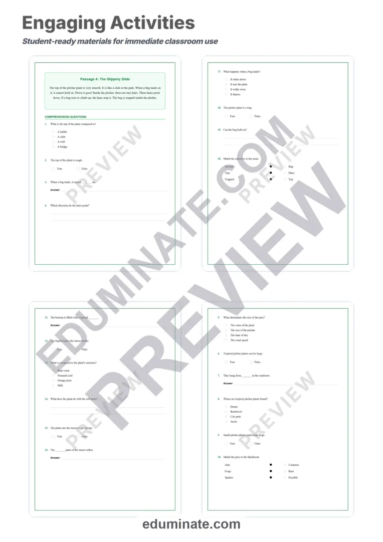 Pitcher Plant Reading Comprehension Passages Science Worksheets 2nd 6th Grade sample page 4
