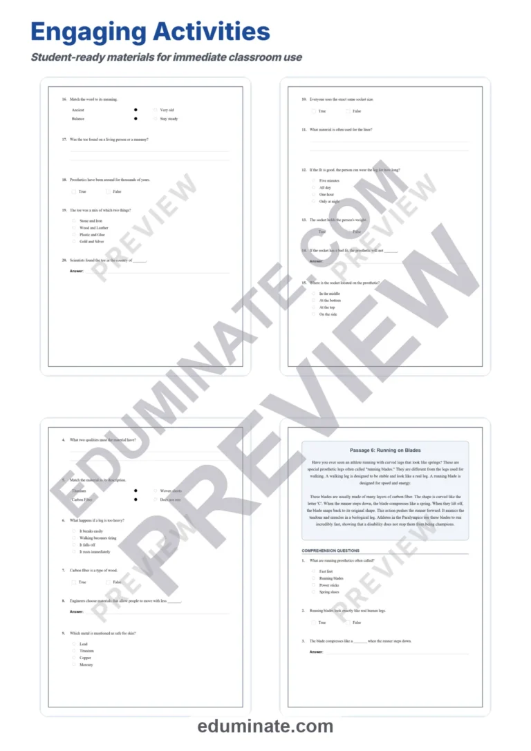 Prosthetic Limbs Reading Comprehension Passages STEM Worksheets 3rd 7th Grade sample page 4