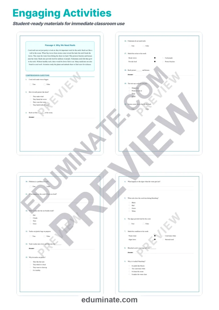 Protecting Coral Reefs Reading Comprehension Passages Science Worksheets 2nd 6th sample page 4
