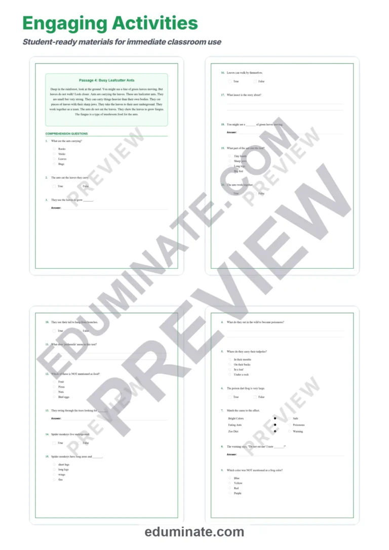 Rainforest Animals Reading Comprehension Passages Jungle Worksheets 1st 5th sample page 4