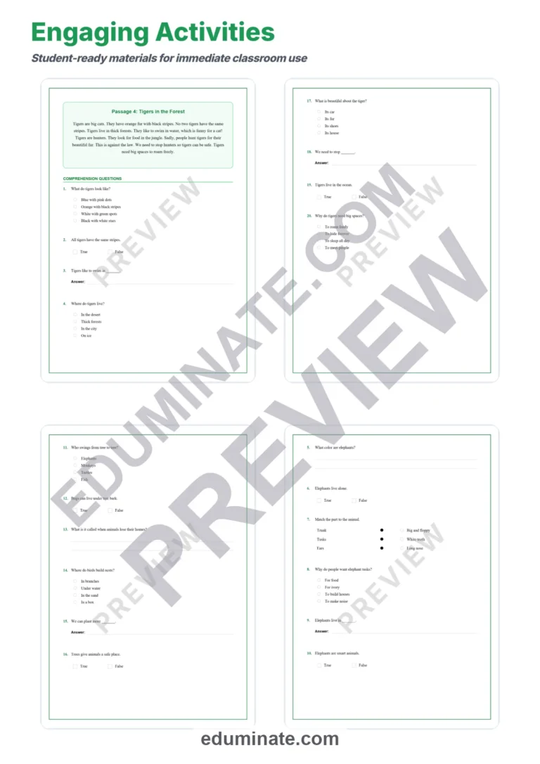 Endangered Animals Worksheets: Reading Passages with Answer Keys, Grades K-2 sample page 4