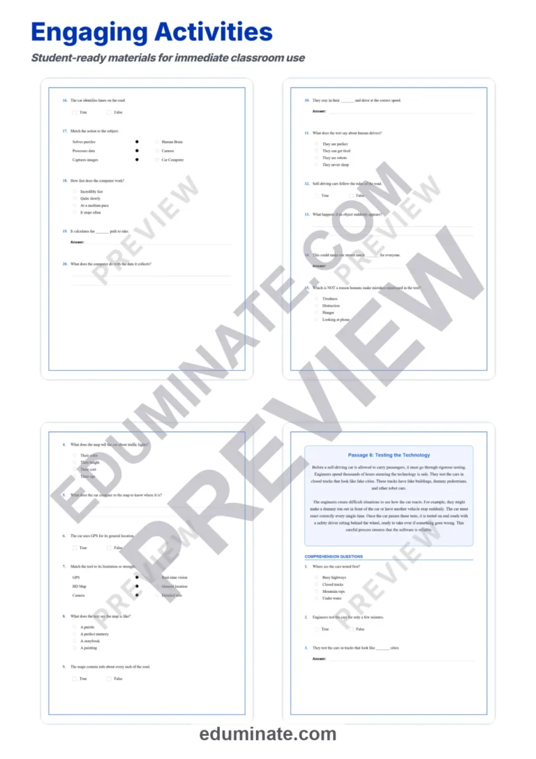 Self-Driving Cars Reading Comprehension Passages Technology Worksheets 3rd 7th sample page 4