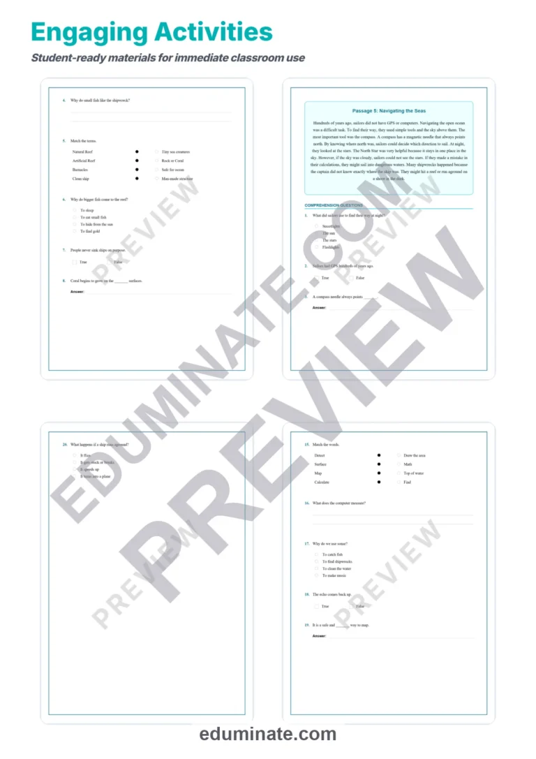 Shipwrecks and Underwater Exploration Reading Passages Worksheets 3rd 7th Grade sample page 4