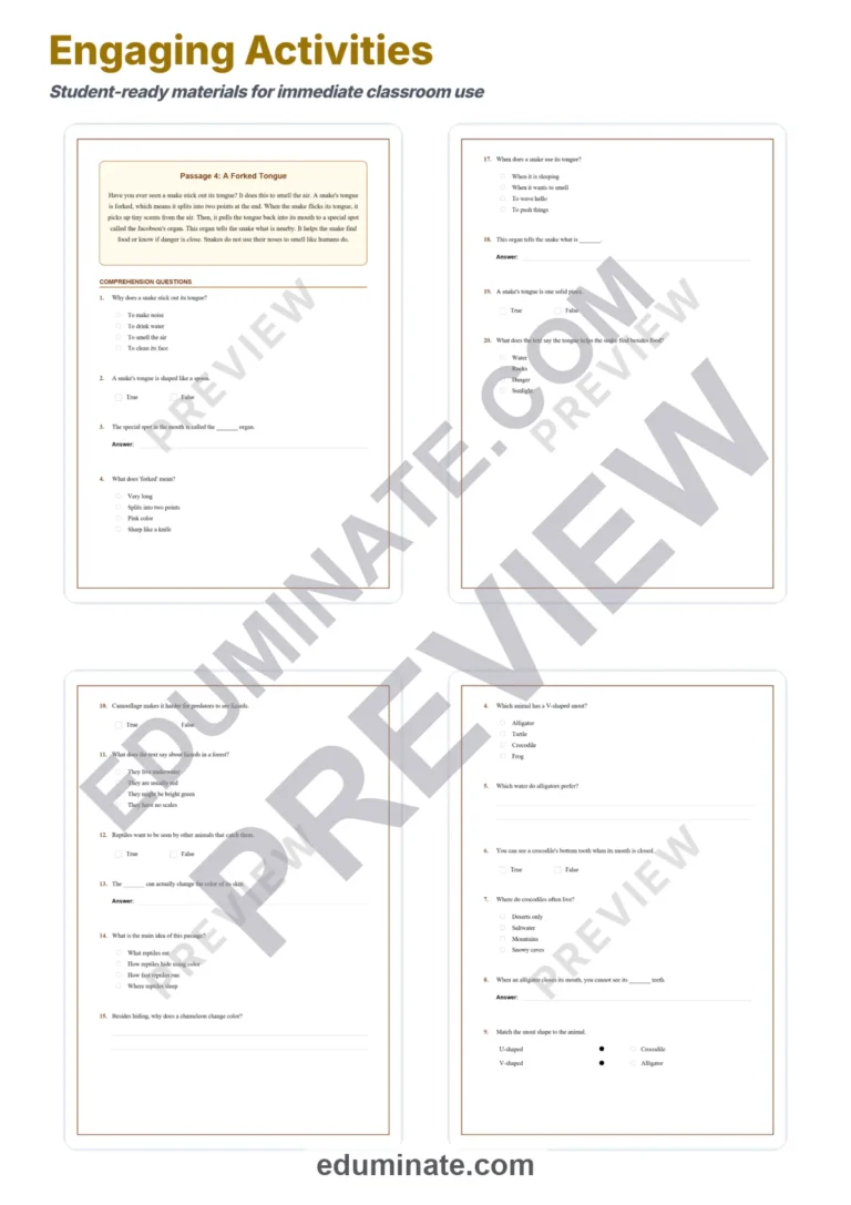 Reptiles Worksheets: Reading Comprehension Passages with Answer Keys, Grades 2-6 sample page 4