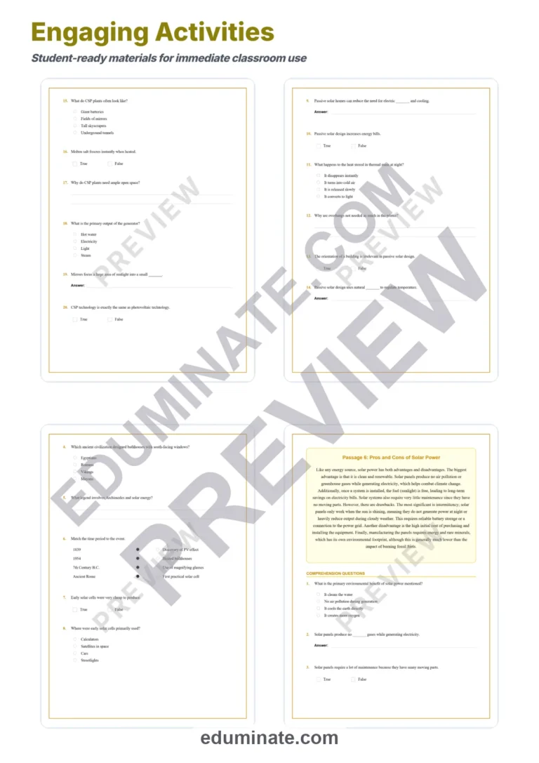 Solar Energy Reading Comprehension Passages Science Worksheets 6th 8th Grade sample page 4