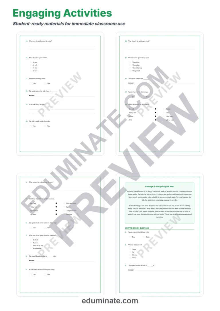 Spider Webs Reading Comprehension Passages Science Worksheets 2nd 6th Grade sample page 4