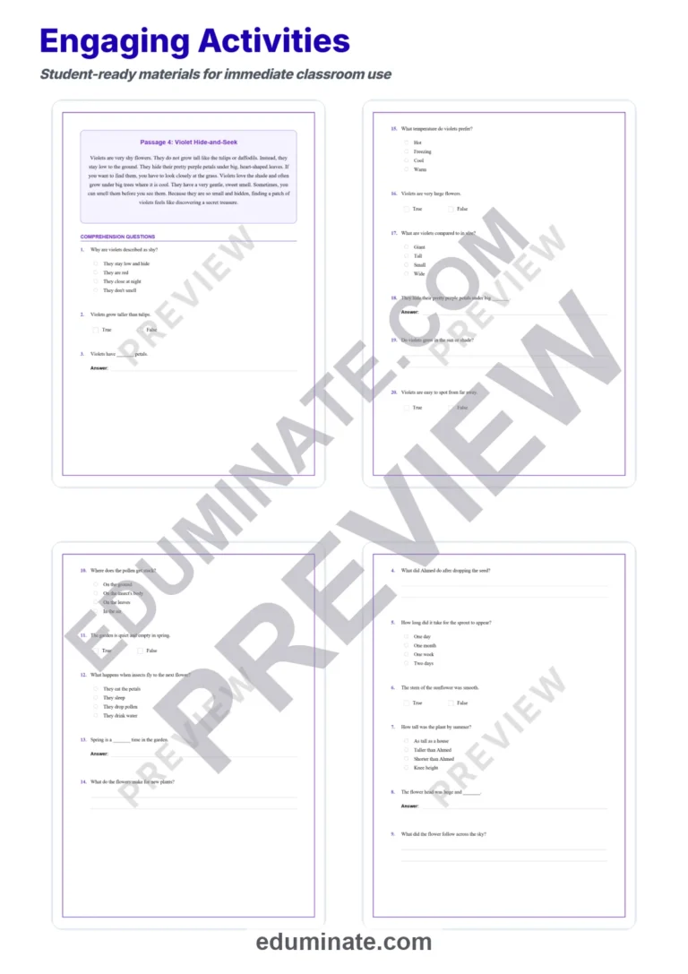Flowers Worksheets: Reading Comprehension Passages with Answer Keys, Grades 1-5 sample page 4
