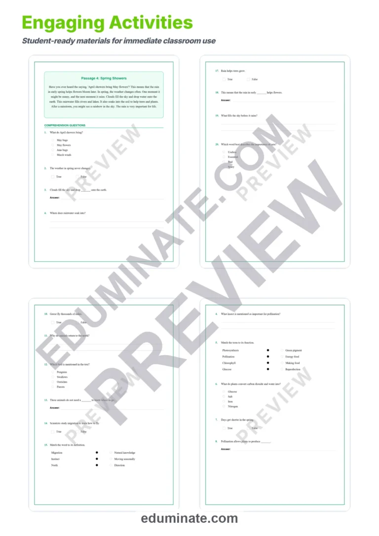 Spring Worksheets: Reading Comprehension Passages with Answer Keys, Grades 1-8 sample page 4