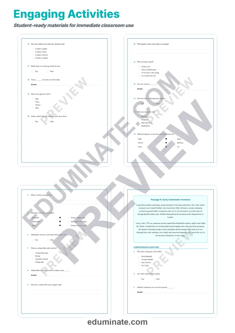 Submarine Technology Reading Comprehension Passages Worksheets 3rd to 7th Grade sample page 4