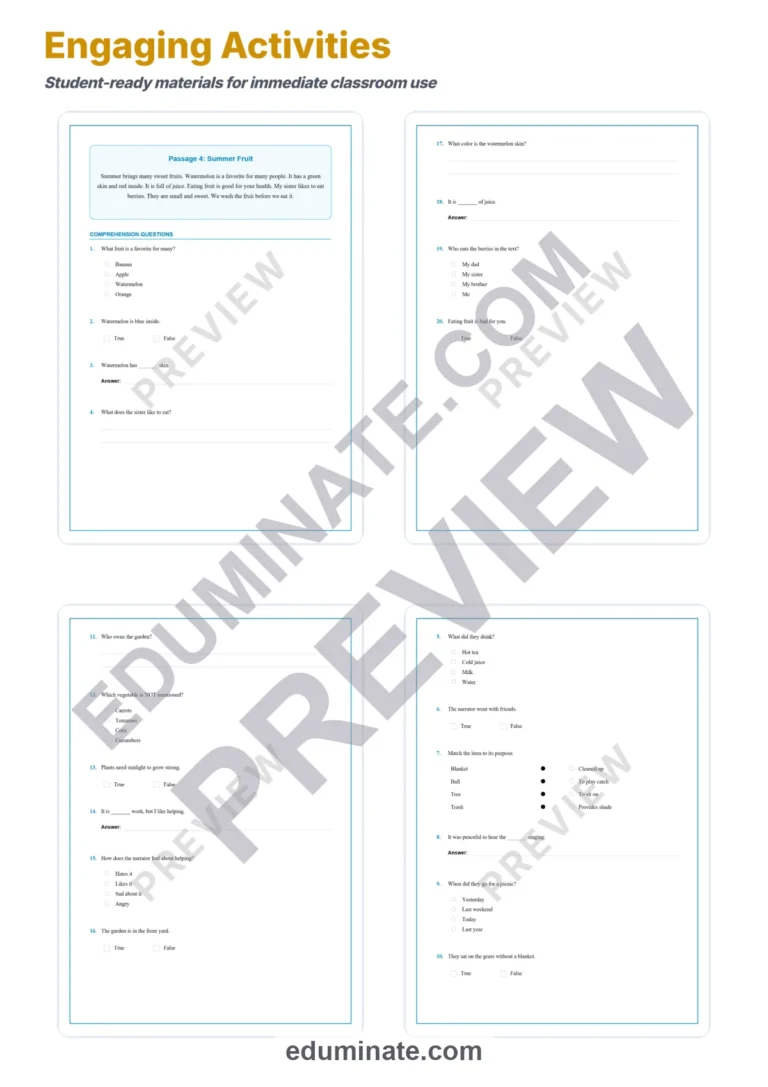 Summer Vacation Reading Comprehension Passages Worksheets 1st to 5th Grade sample page 4