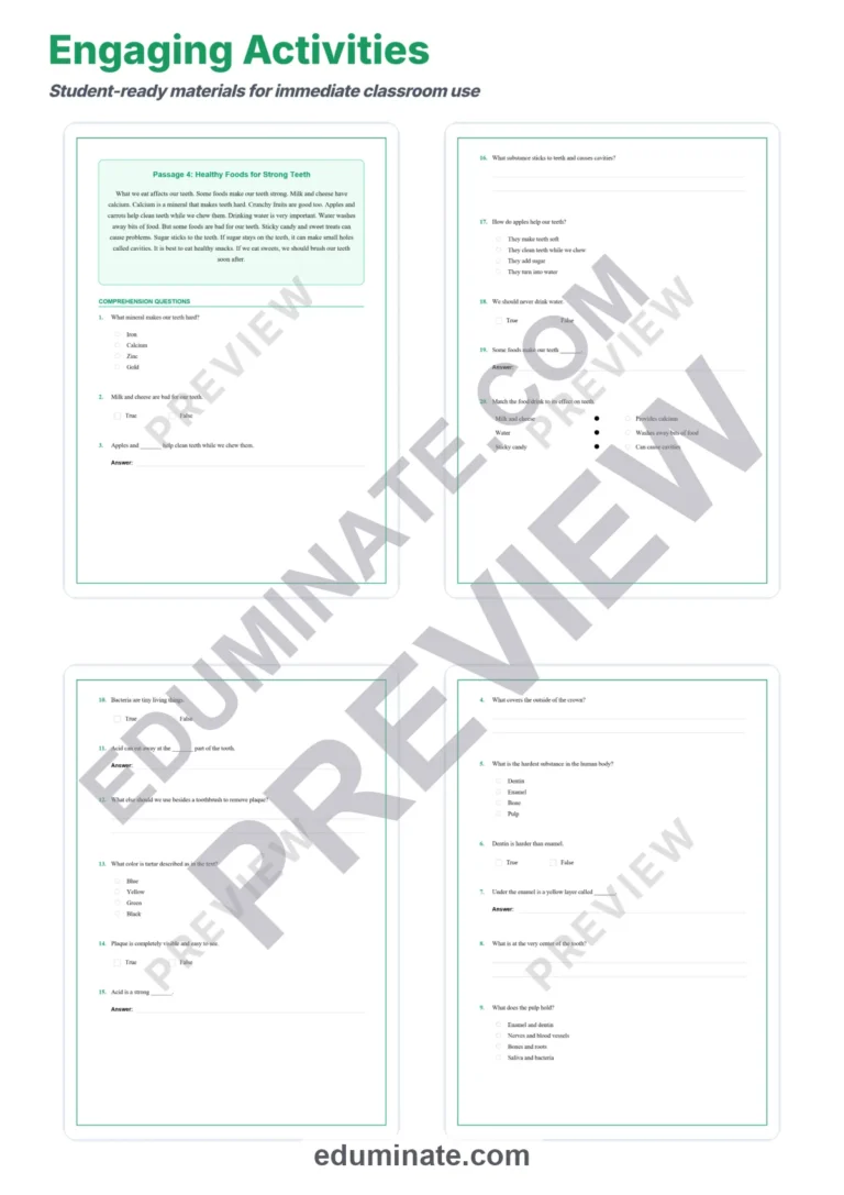 Teeth and Dental Health Reading Comprehension Passages Worksheets 1st-5th Grade sample page 4