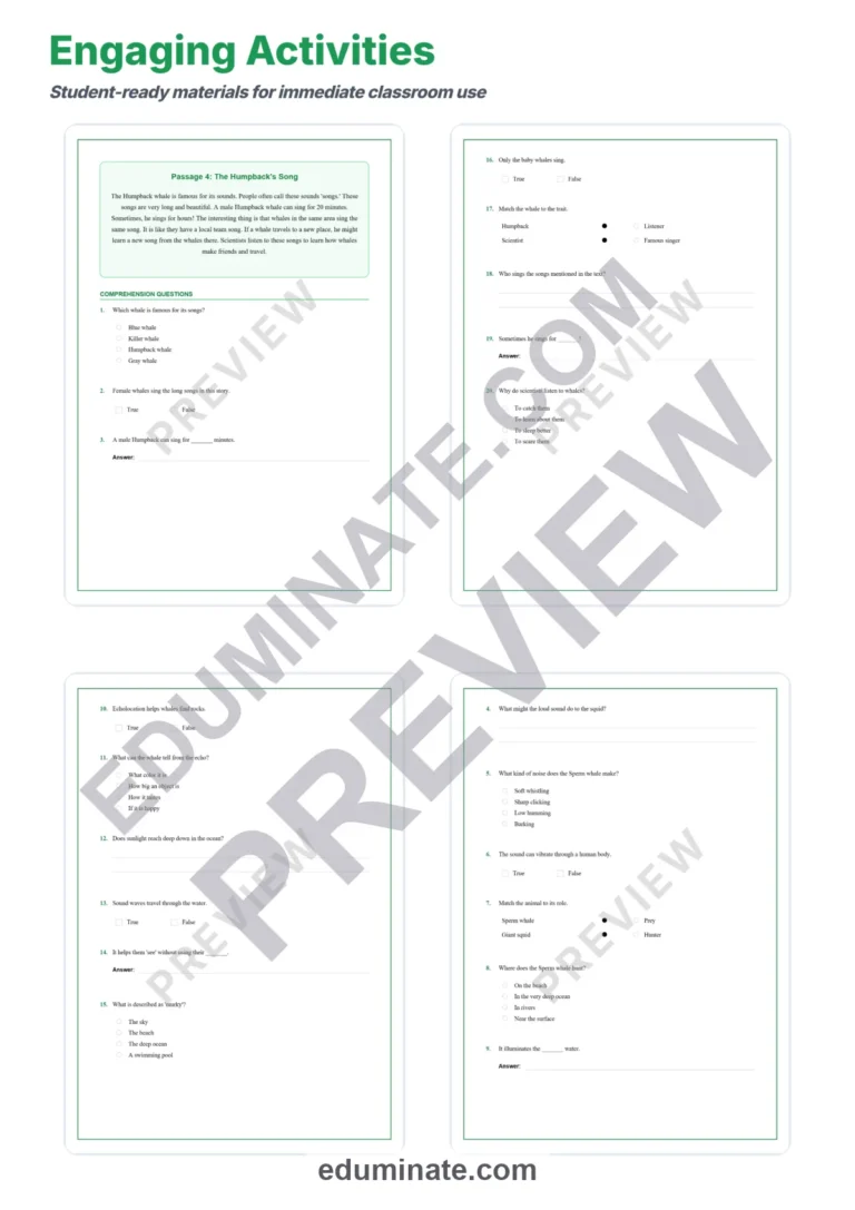 Whale Reading Comprehension Passages and Worksheets with Answer Keys, Grades 2-6 sample page 4