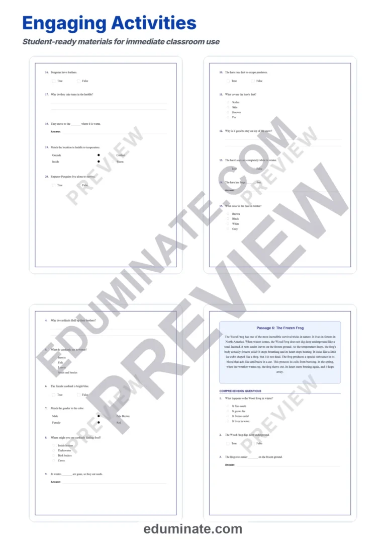 Winter Comprehension Worksheets: Reading Passages with Answer Keys, Grades 3-5 sample page 4