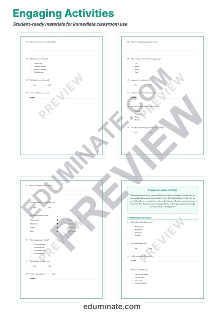 Tadpole Metamorphosis Reading Comprehension Passages Worksheets Grades 1 to 5 sample page 4