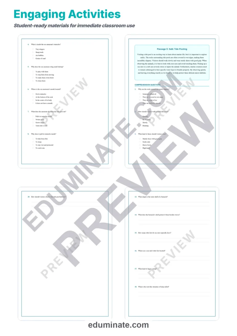 Tide Pools Reading Comprehension Passages Worksheets Science 2nd-8th Grade sample page 4