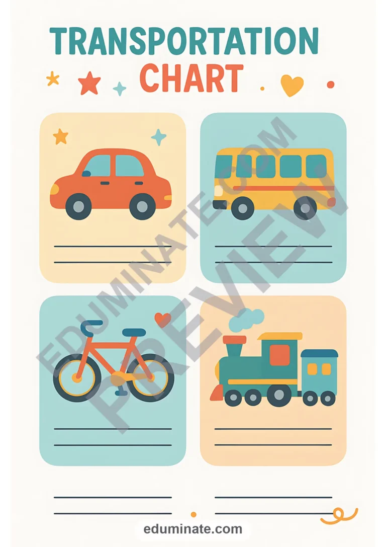 Transportation Chart | Printable Vehicles Chart for Preschool | 52 Chart Pages sample page 4