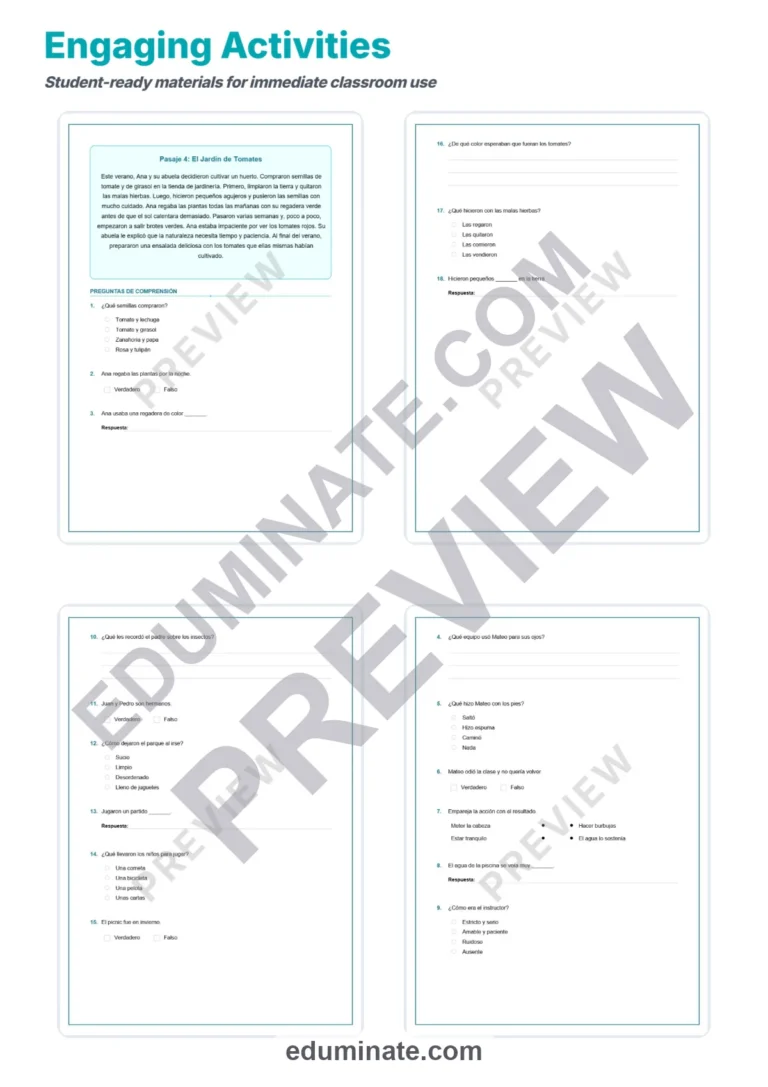 Spanish Summer Worksheets – Reading Passages with Questions and Answer Key sample page 4