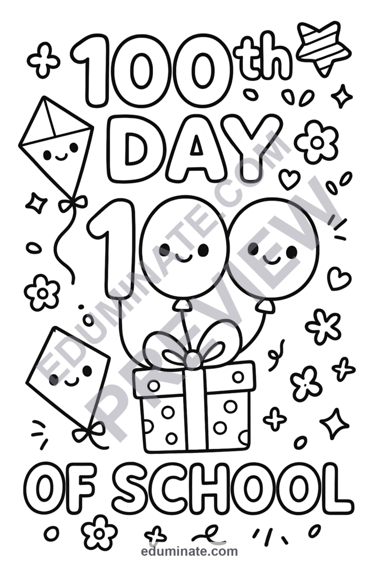 100 Days of School Coloring Pages | Classroom Activity | Fun Printable Set sample page 4