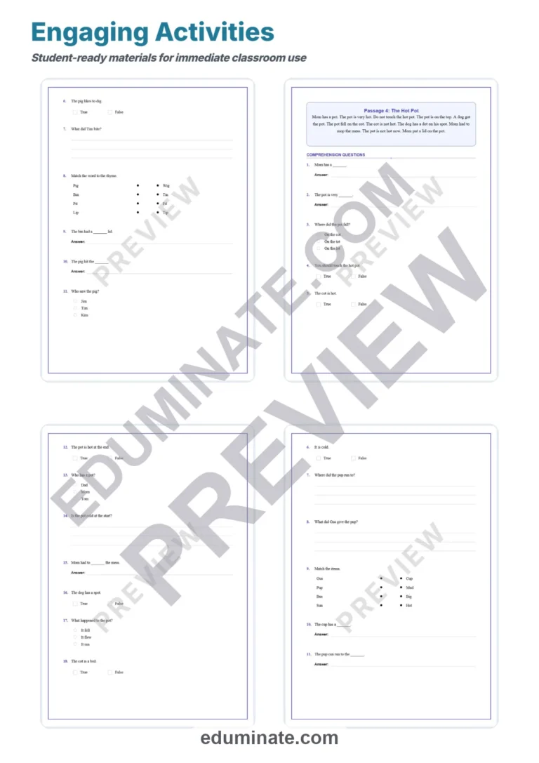 CVC Sentences Kindergarten – Reading Passages, Questions and Answer Key Grade 1 sample page 4