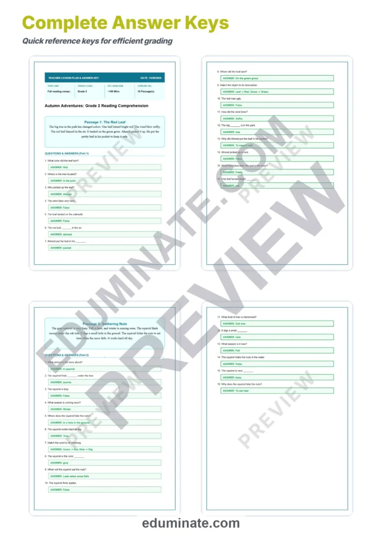 Fall Worksheets – Reading Passages with Questions and Answer Key 2nd Grade sample page 4
