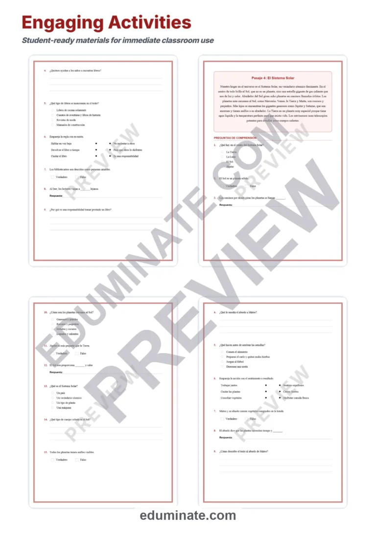 Spanish Reading Passages – Printable Pages, Questions and Answer Key Grades 2-5 sample page 4