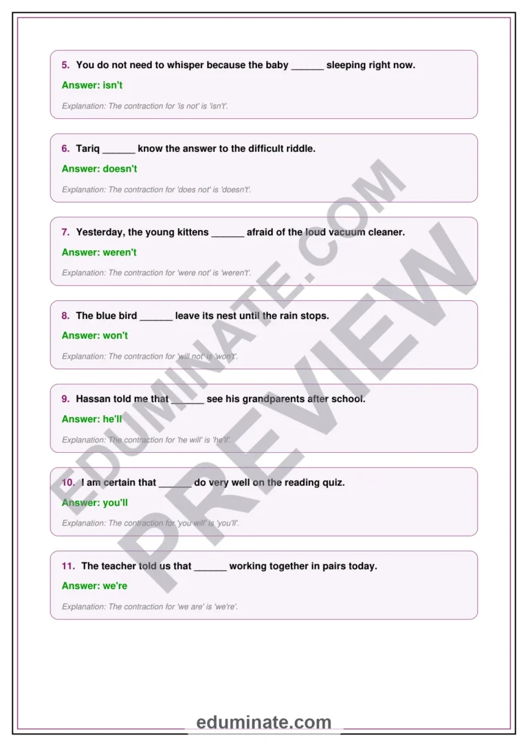 Contractions Worksheets – Sentences Practice Packet – Combining Words Exercises sample page 4