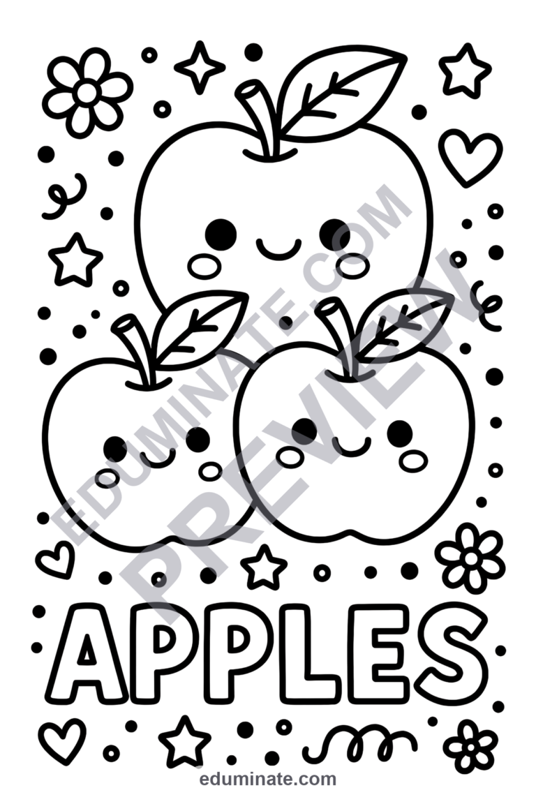 Cute Apple Coloring Pages | Kawaii Fruit Sheets | Smiling Apple Characters sample page 4