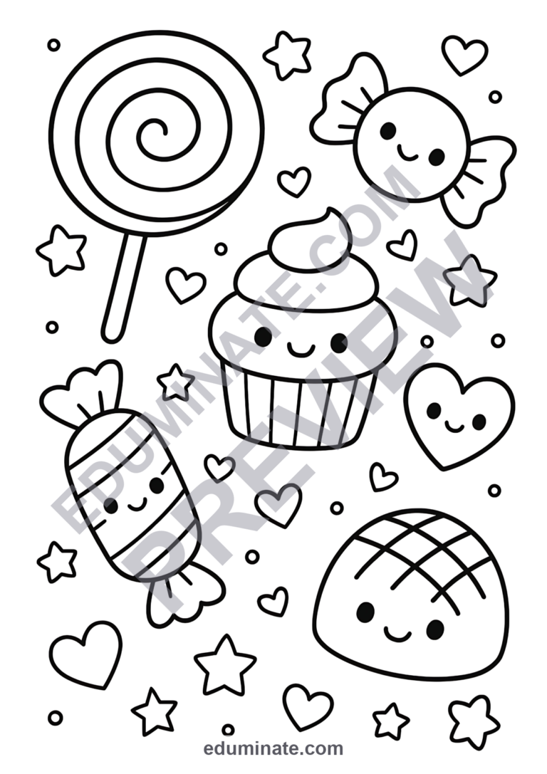 70 Cute Candy Coloring Pages Kawaii Sweets and Treats Activity Sheets for Kids sample page 4