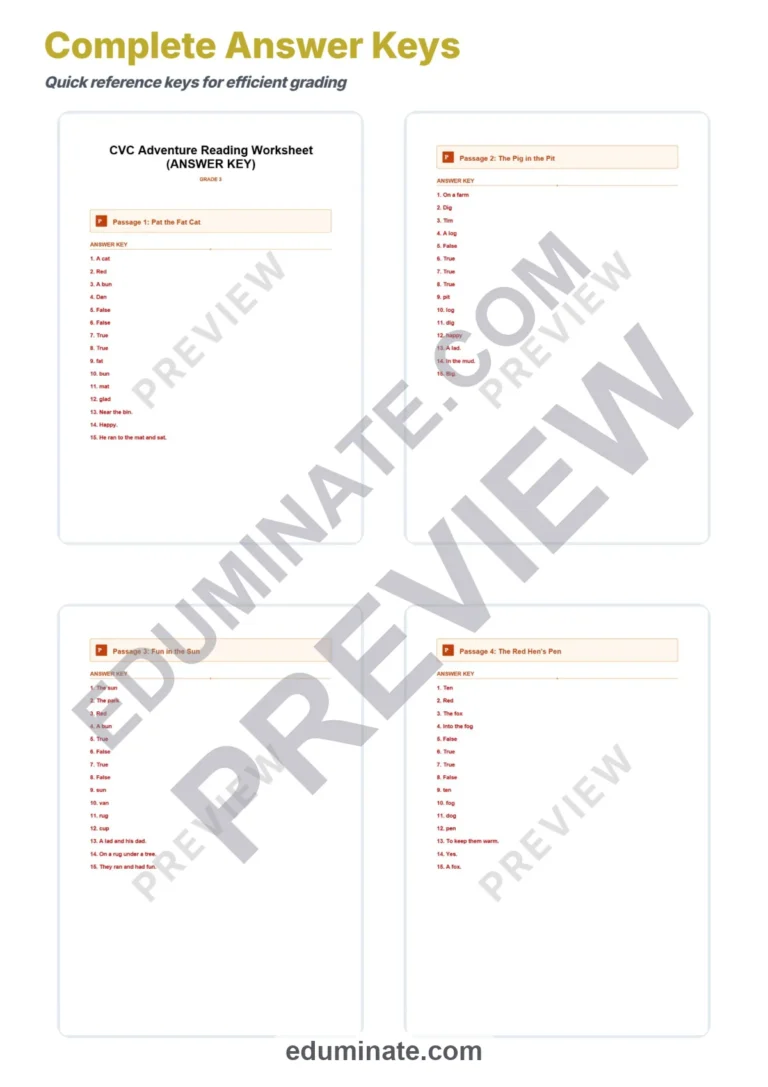 Decodable Passages – Decodable CVC Printable Pages, Questions and Answer Key sample page 4