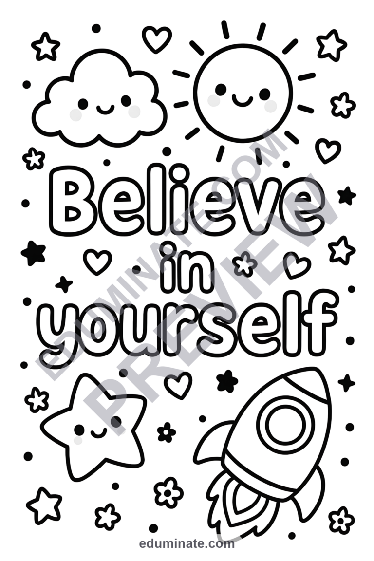 Inspirational Coloring Pages Positive Mindset Activity Sheets Pack for Kids sample page 4