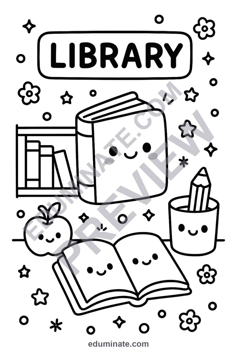 Library Coloring Pages Reading and Books Art Activity Sheets Pack for Kids sample page 4