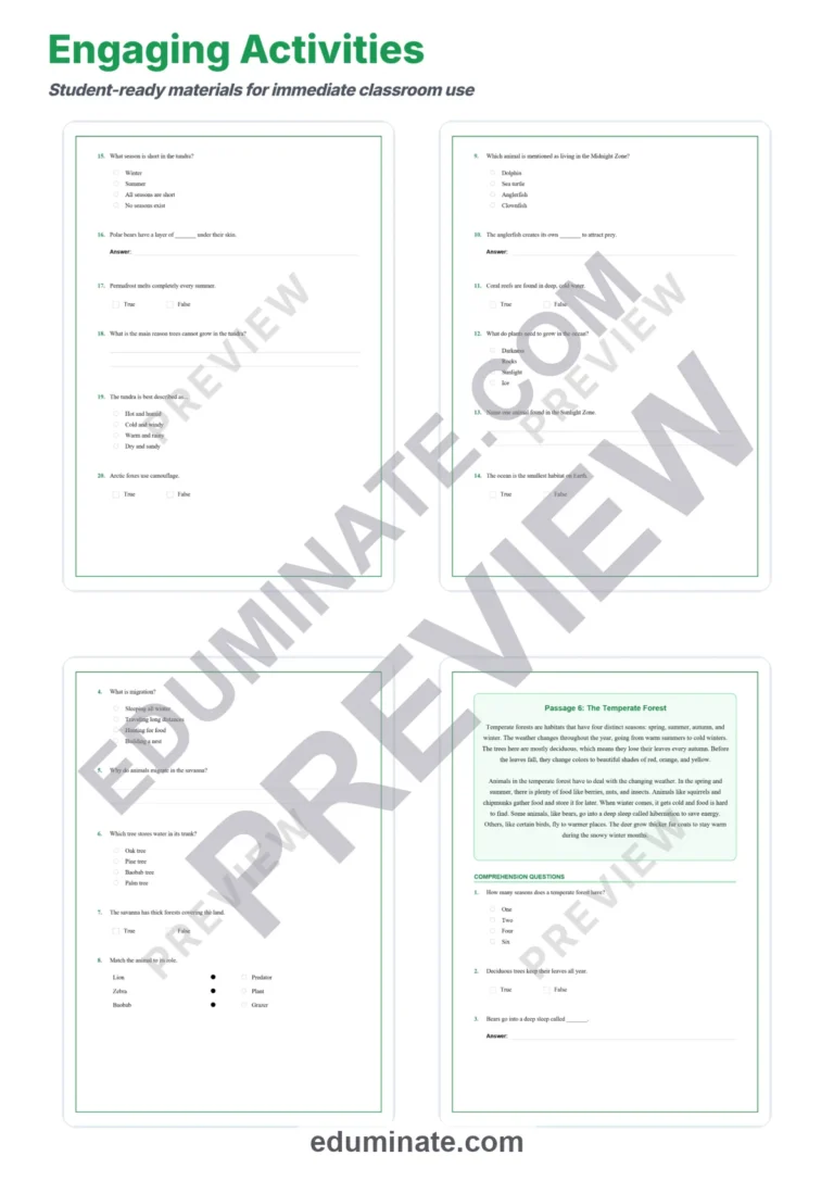Animal Habitats Reading Comprehension Worksheet – Exploring Biomes 10 Passages sample page 4