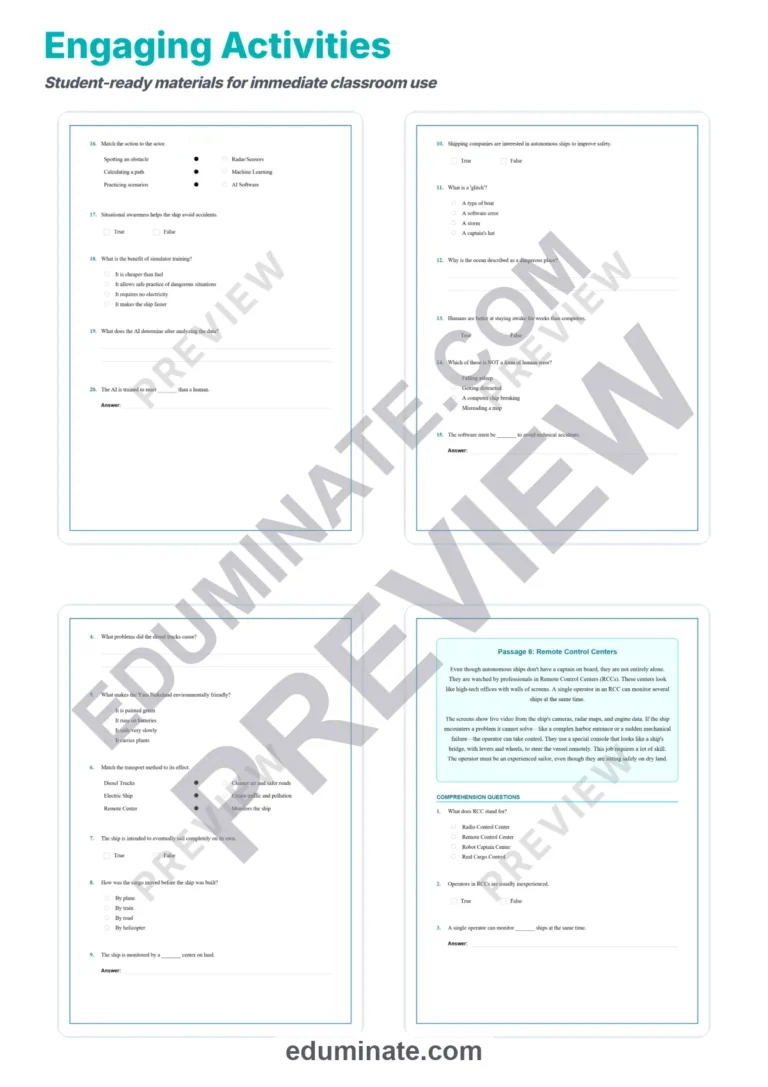 Autonomous Ships Reading Comprehension – Maritime Technology 10 Worksheets sample page 4