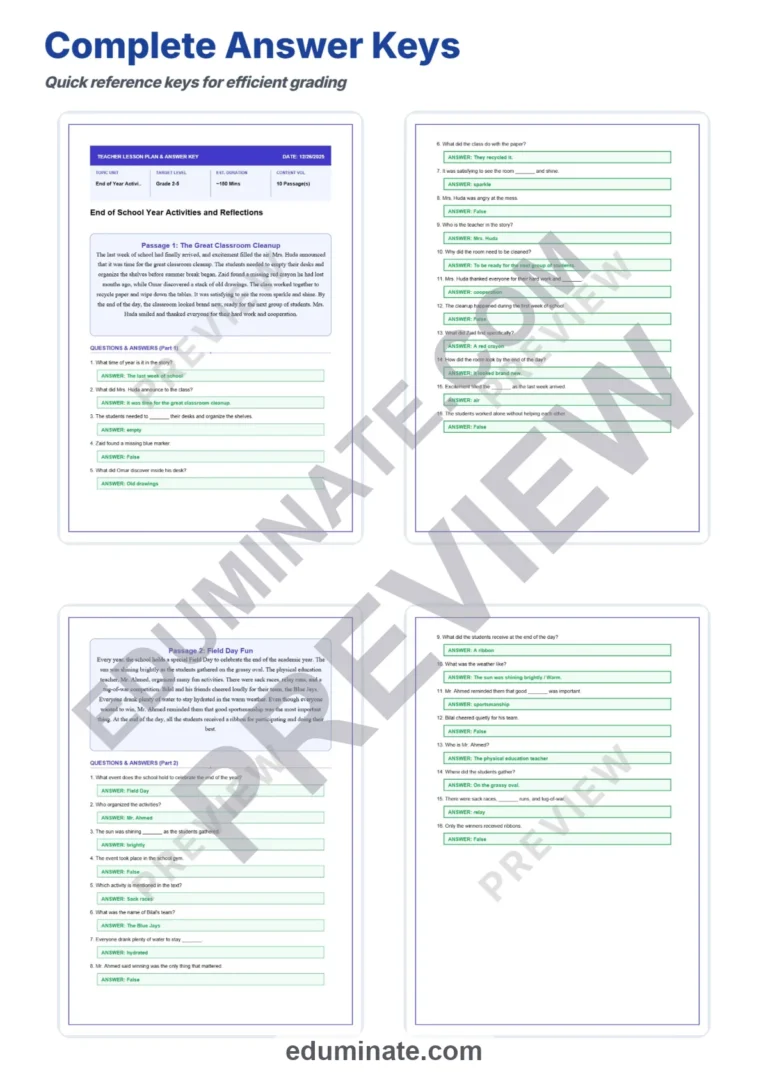 End of Year Worksheets – Reading Passages with Questions and Answer Key (PDF) sample page 4