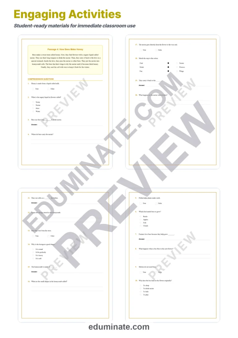 Bees Reading Comprehension Passages And Questions Science Worksheets Packet sample page 4