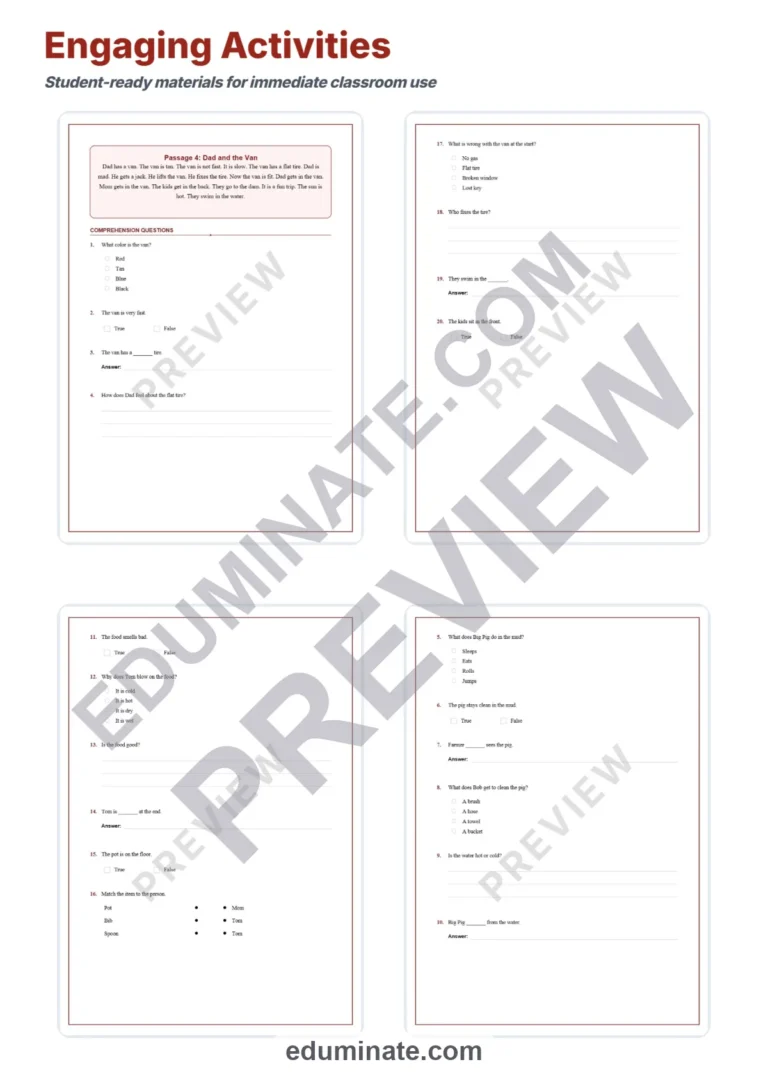 CVC Stories Reading Comprehension Passages for Kindergarten and Grade 1 Set sample page 4