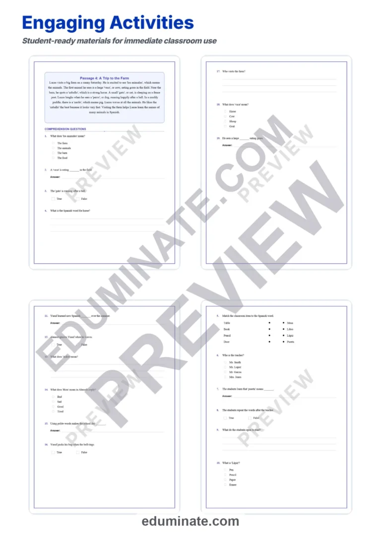 Spanish Reading Comprehension with Questions – Reading Passages 3rd Grade sample page 4