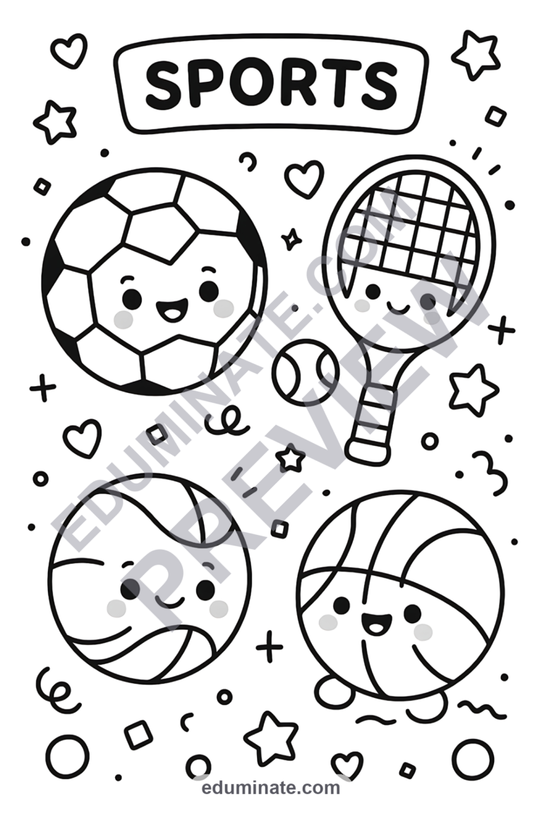 Children’s Sports Coloring Pages 28 Smiling Athletic Ball Art Activity Sheets sample page 5