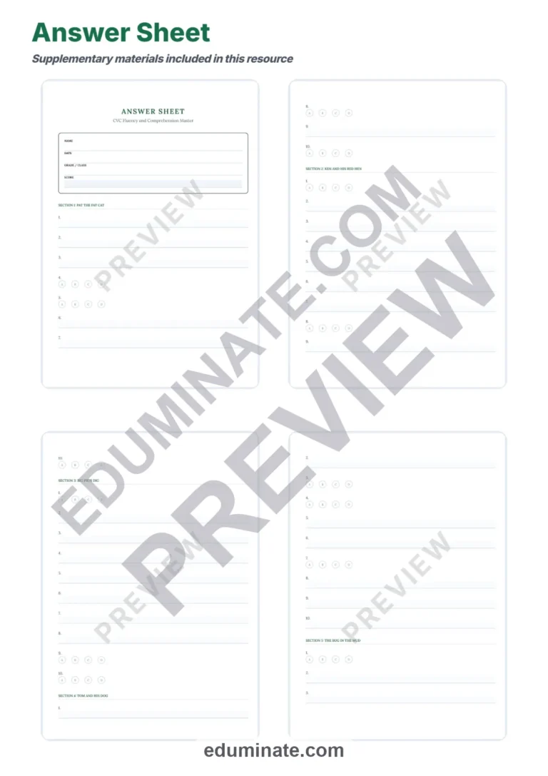 Kindergarten CVC Worksheets – Reading Passages with Questions and Answer Key sample page 5