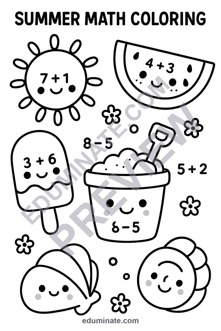 Summer Math Coloring Pages Addition and Subtraction Activity Pack for Kids sample page 5