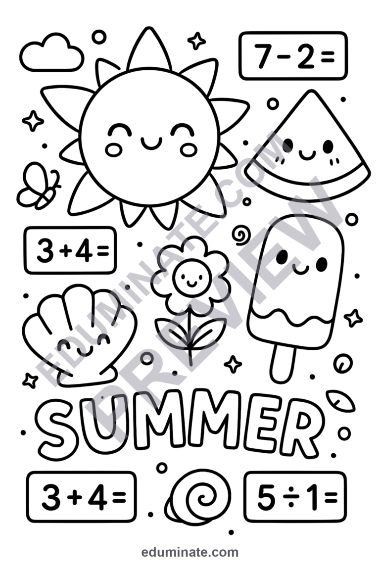 Fun Summer Math Coloring Pages Fact Fluency and Art Activity Sheets for Kids sample page 5