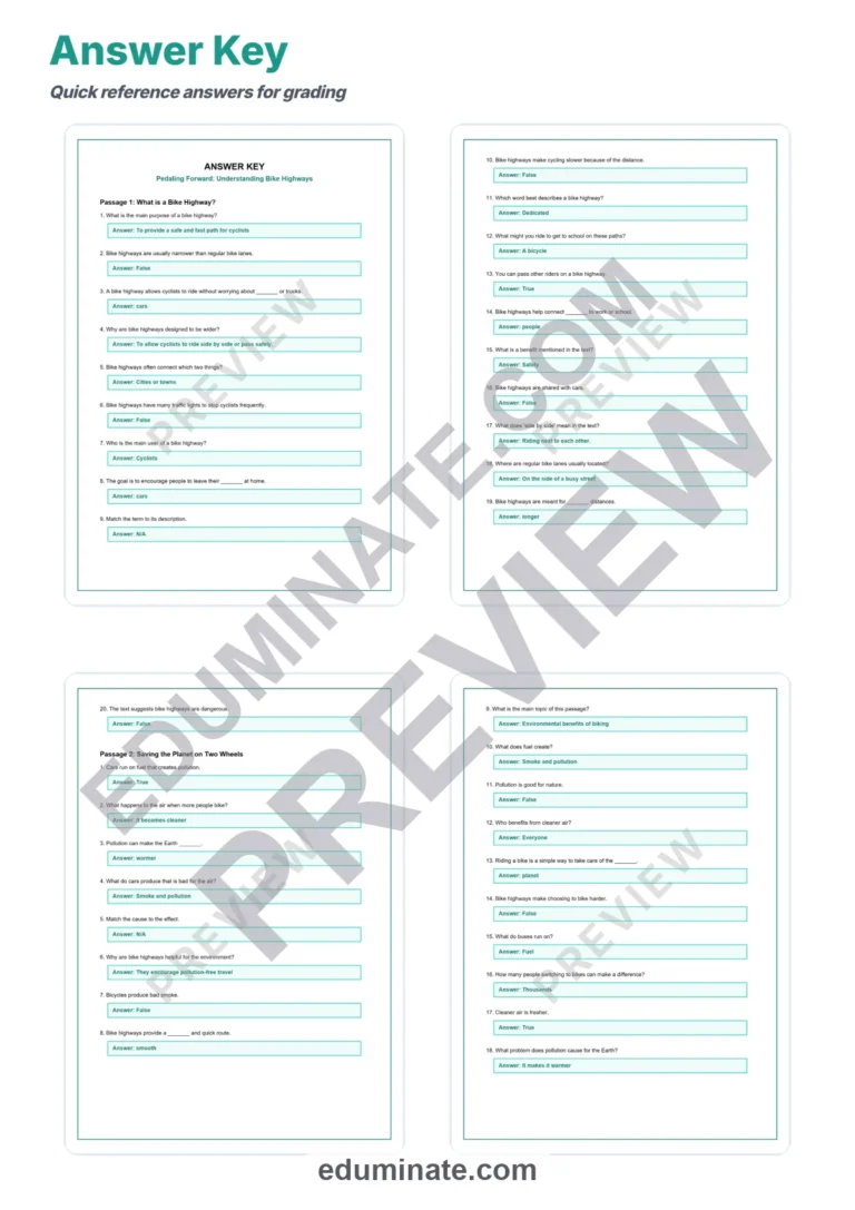 Bike Highways Reading Comprehension Passages And Questions Worksheets Packet sample page 5