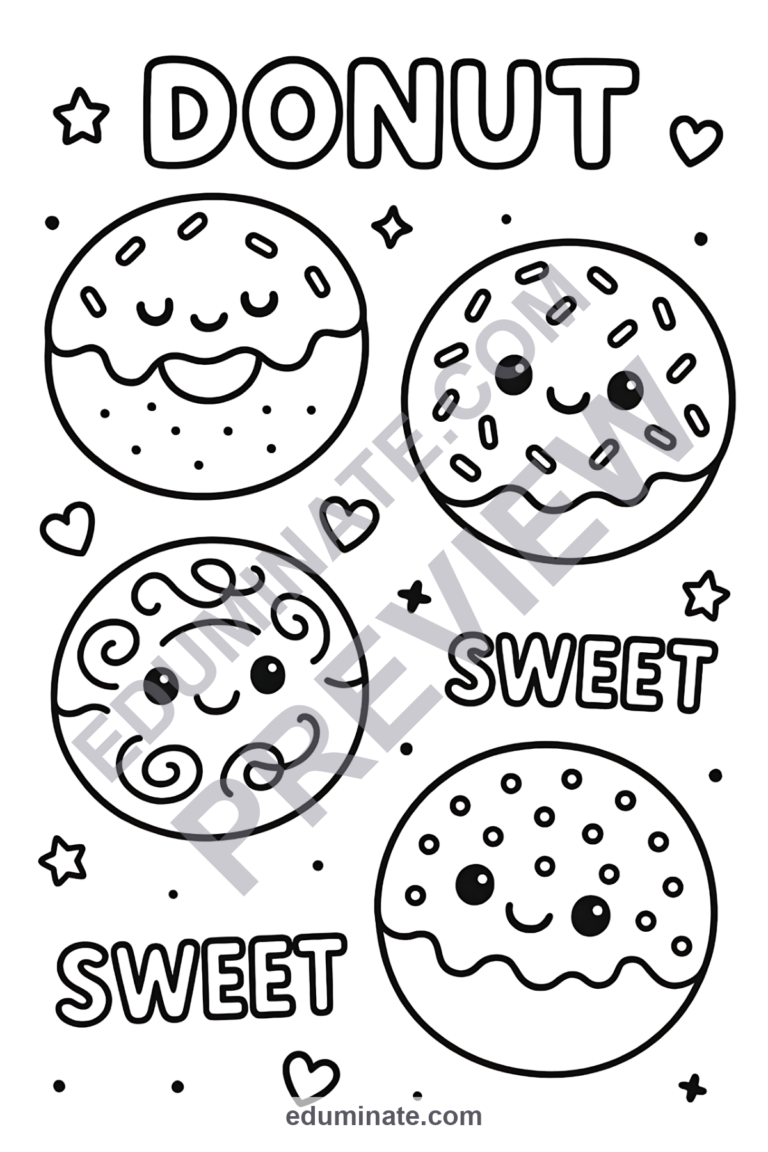 Donut Coloring Pages | Sweet Treats Bakery Food Art Activity Sheets for Kids sample page 5