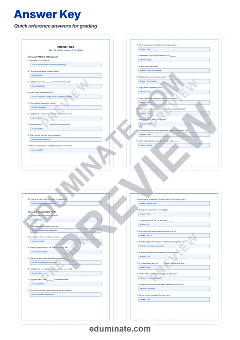 Flying Taxis Reading Comprehension Passages And Questions Worksheets Packet sample page 5