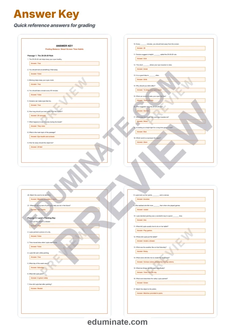 Screen Time Reading Comprehension Passages and Healthy Habits Worksheet Set sample page 5
