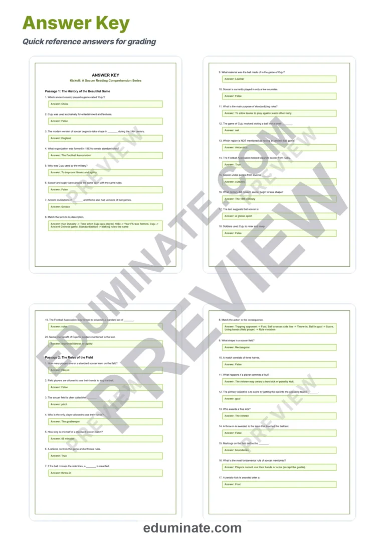 Soccer Reading Comprehension Passages and Sports Activities Worksheets Set sample page 5