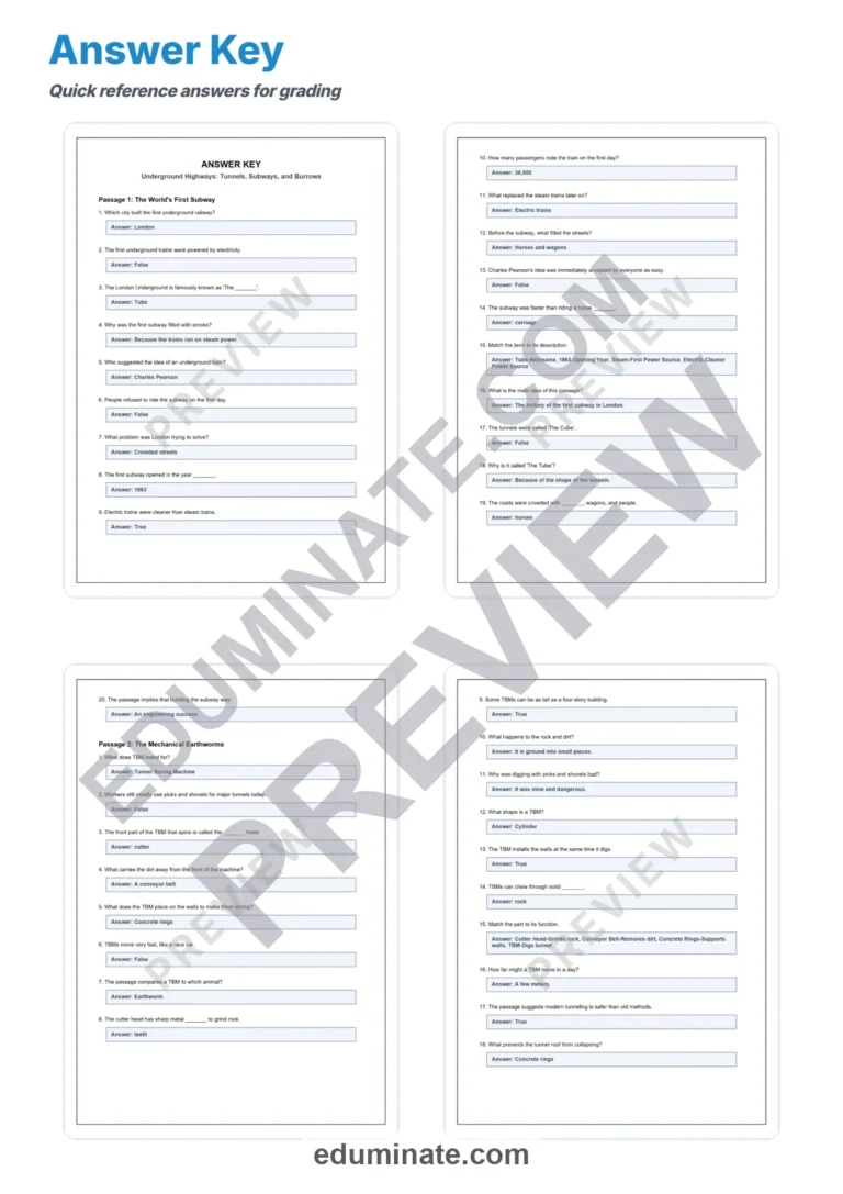 Underground Highways Reading Comprehension Subways and Tunnels Passages Packet sample page 5
