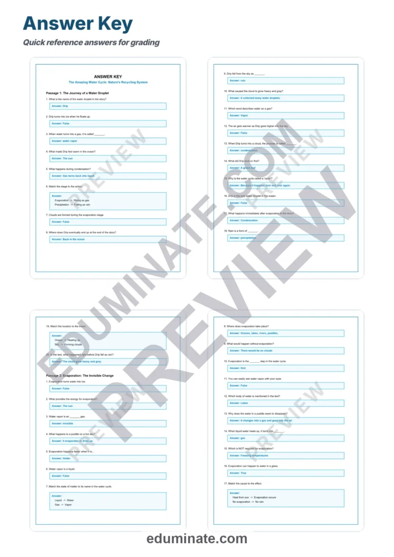 Water Cycle Reading Comprehension Passages and Worksheets for Classroom Study sample page 5