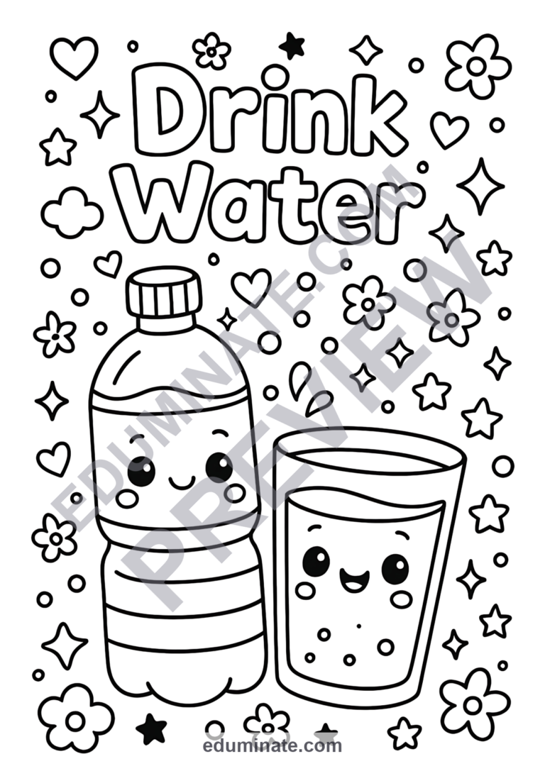 Water Bottle Coloring Pages | Healthy Hydration Drink Art Sheets for Kids sample page 5
